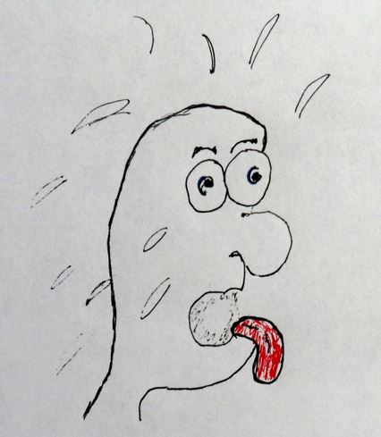 cartoon shows overheated character with sweat splashing off his face and a large red tongue sticking out of his mouth