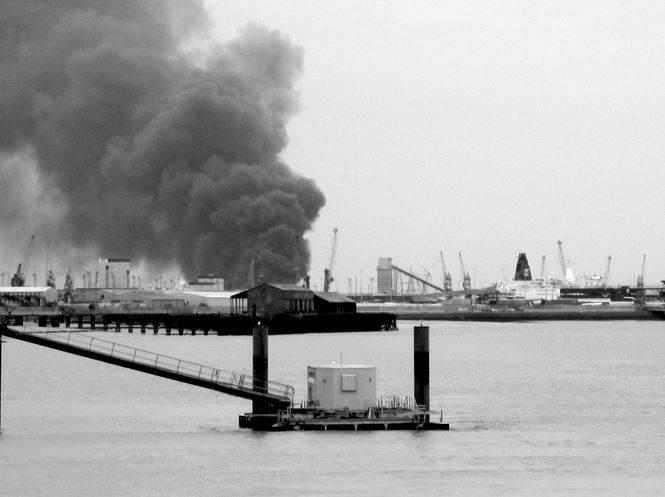 fire from hull pier 3 bw