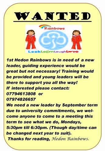 hedon rainbows leader wanted