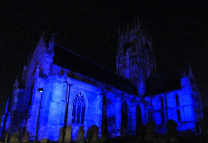 church lit up for pancreatic cancer