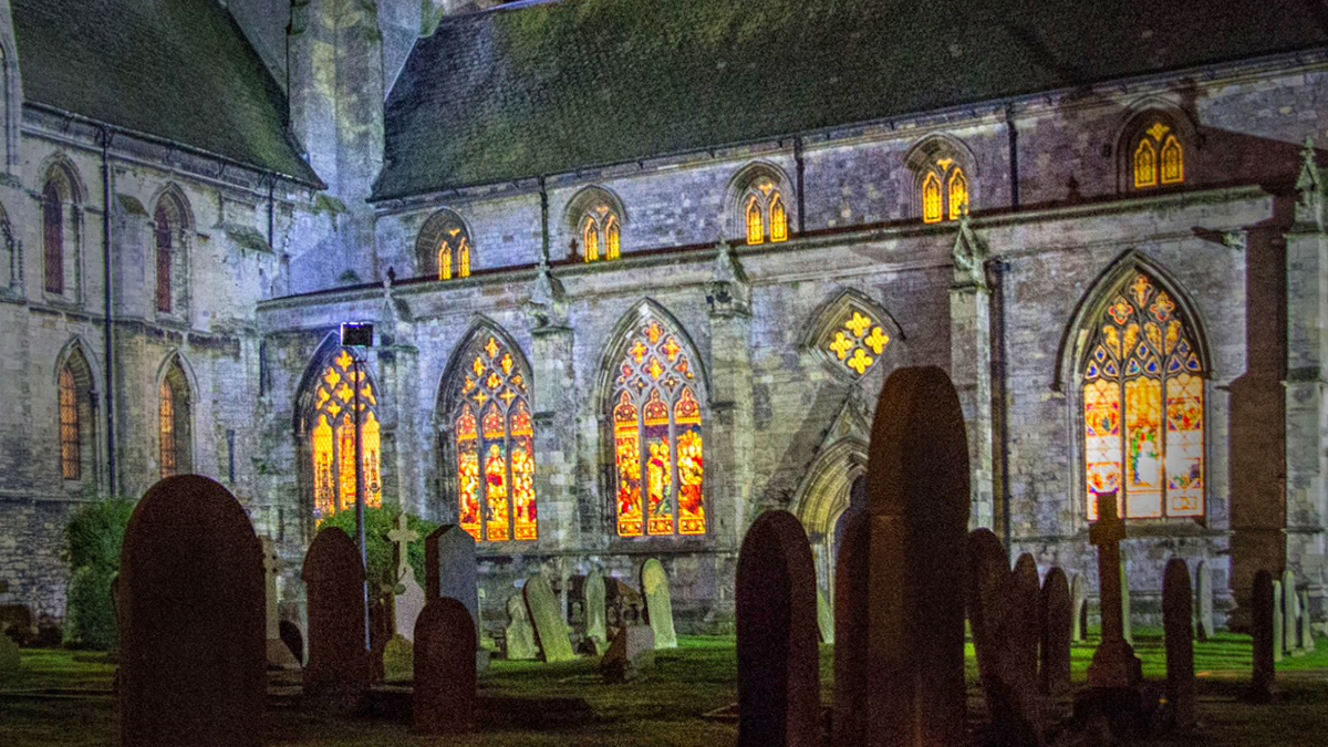 Church Stained glass windows ar night