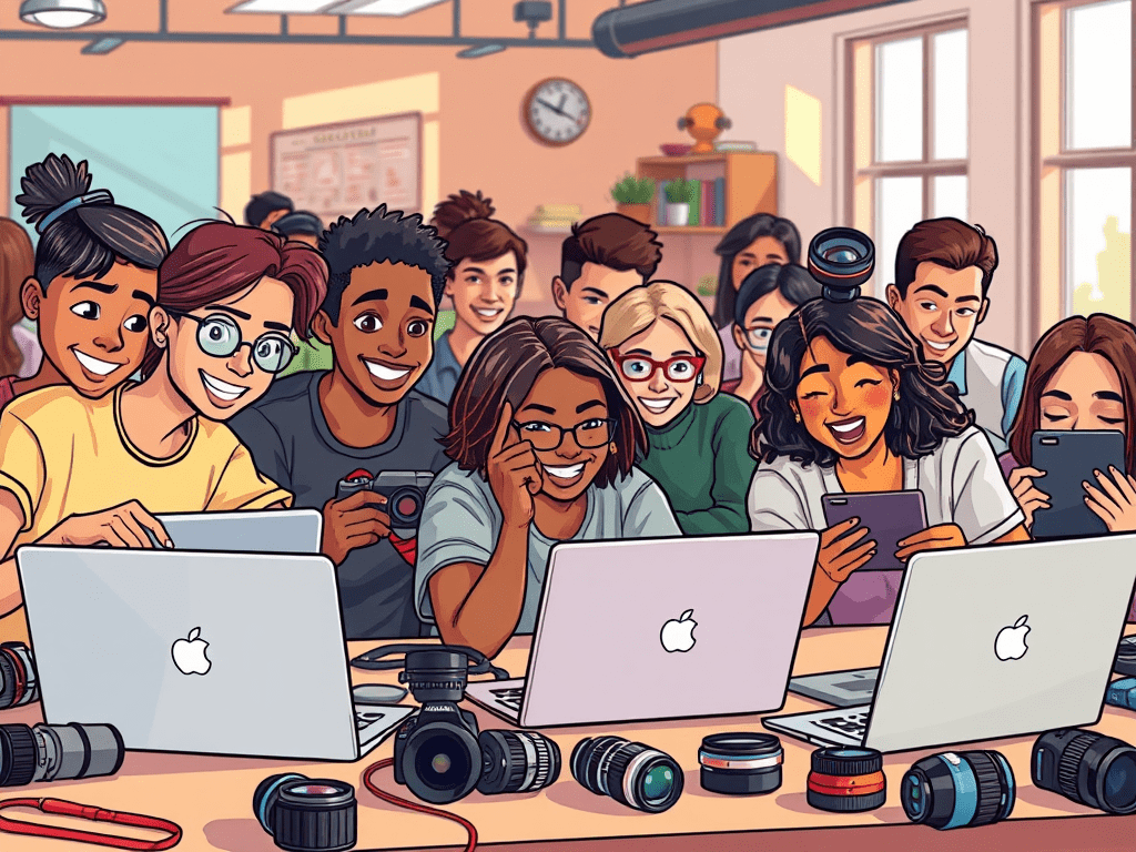 create a cartoon style image showcasing a vibrant photography workshop setting