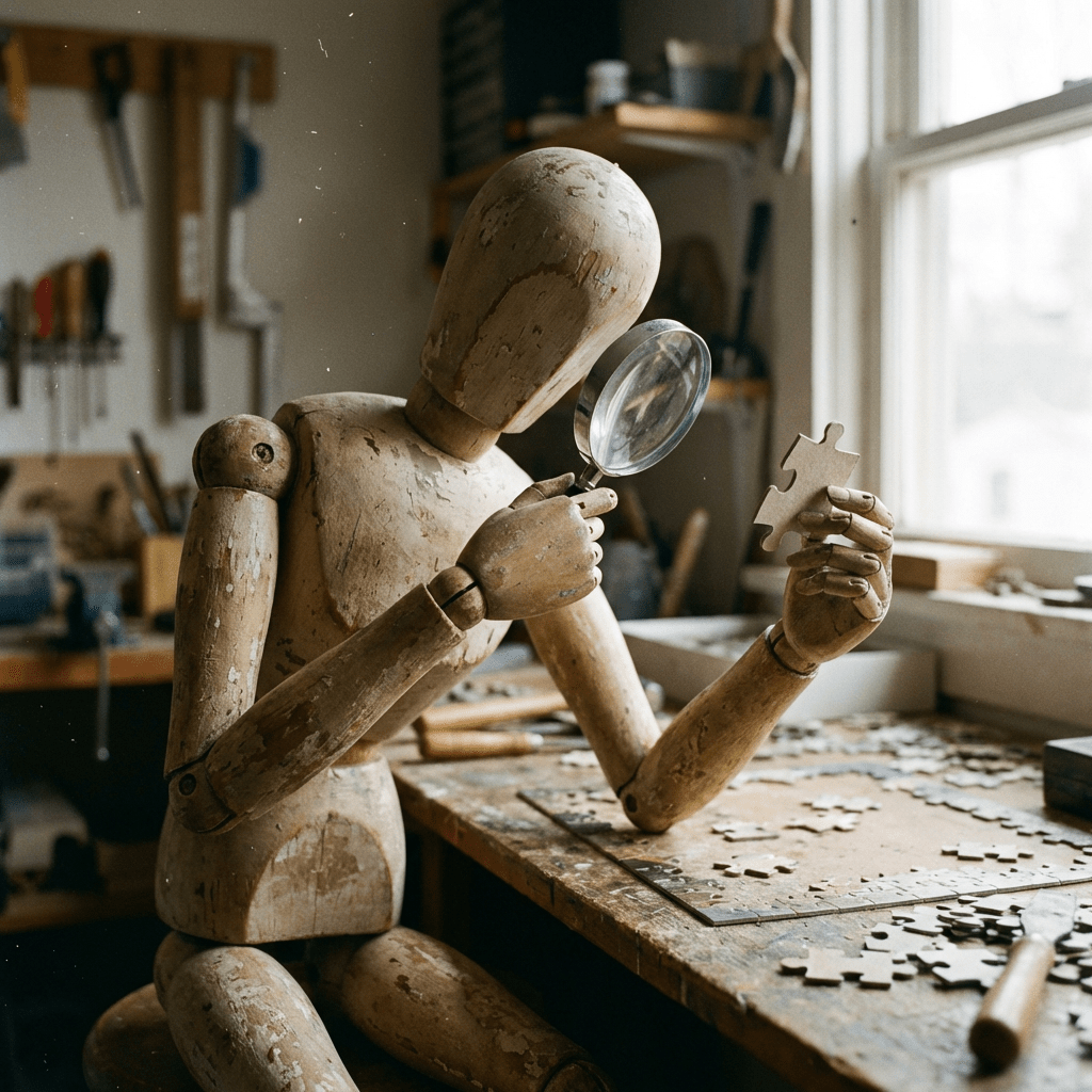 Wooden mannequin inspecting a puzzle piece with a magnifying glass at a workshop table.