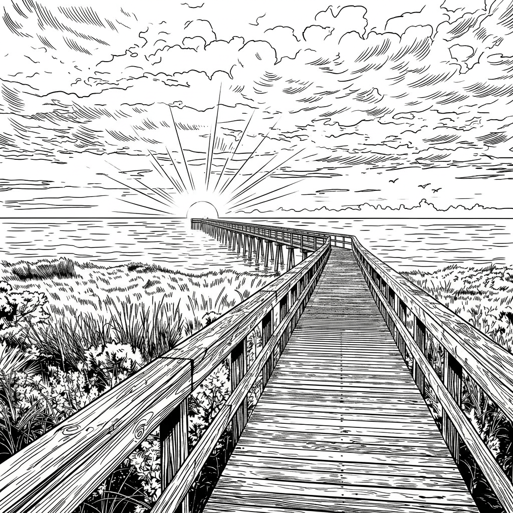 Long wooden boardwalk pier leading to sunset over ocean with clouds and birds